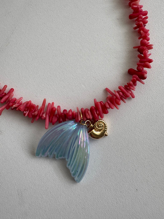 Coral Reef Necklace with Iridescent Mermaid Tail Charm