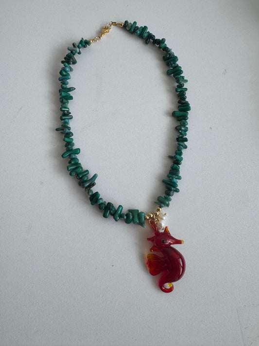 Under the Sea Necklace – Green Chip Beads & Seahorse Charm