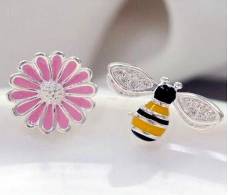 925 Sterling Silver Bee & Flower  Stud Earrings